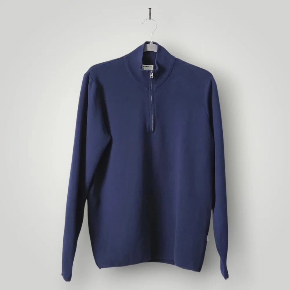 Frank‎ And Oak Navy Quarter Zip Sweater Large 100% Mercerized Cotton Minimal